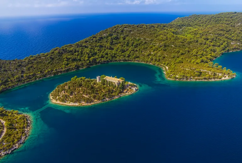 Aerial of Saint Mary monastery islet in Mljet park lake