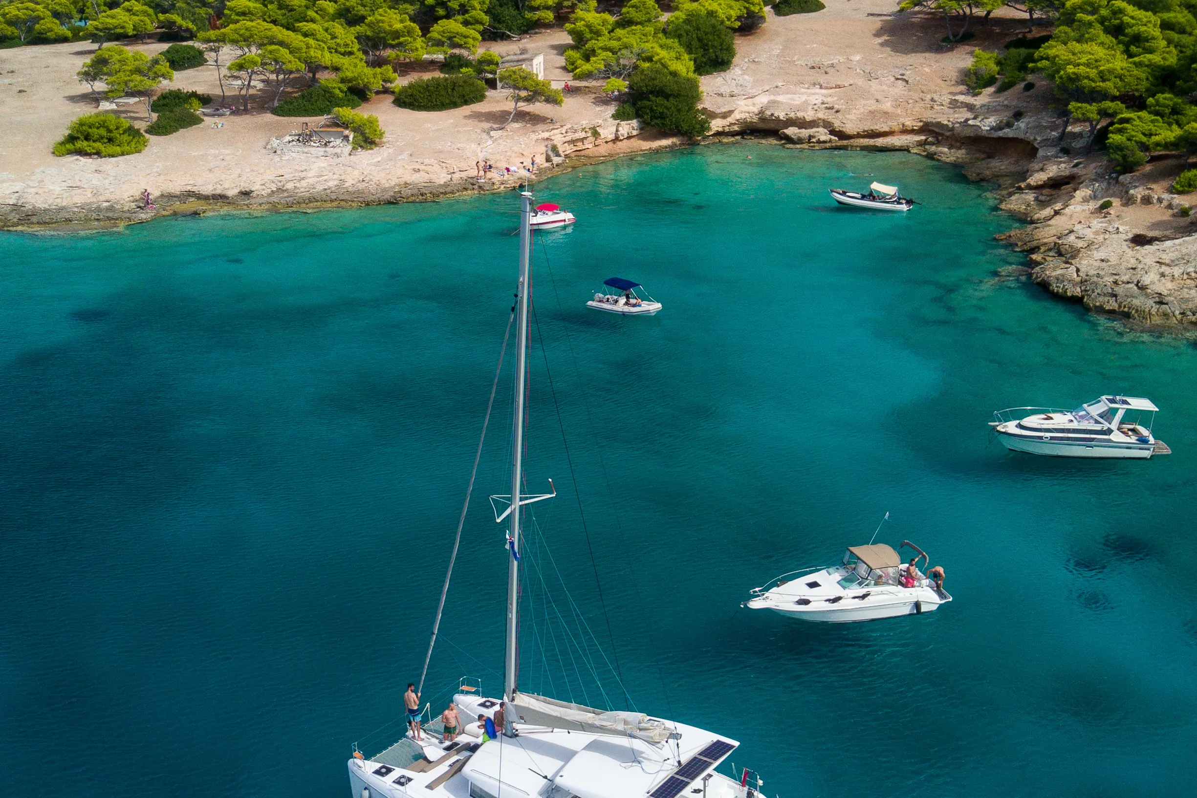 Catamaran and day boats anchored off a pine-fringed beach